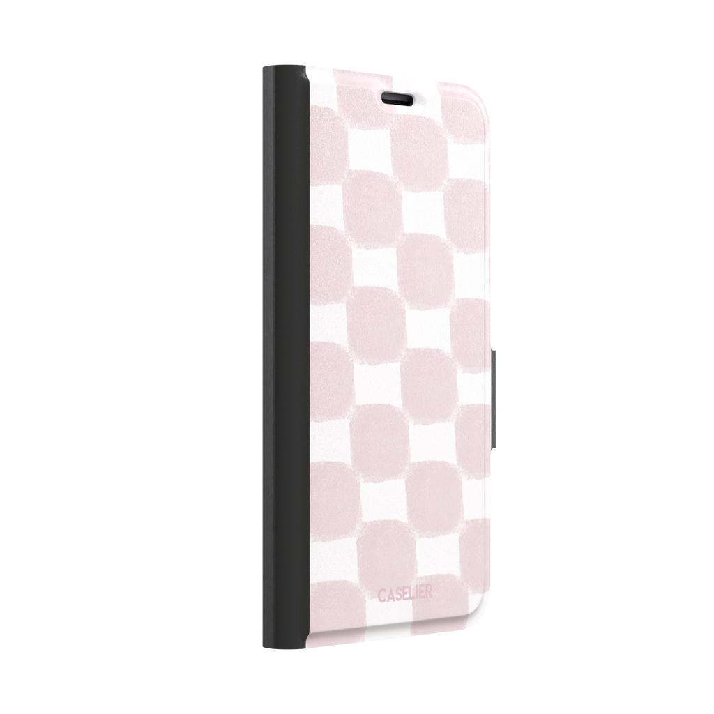 Bricks phone case in dusty pink and white hand-painted checkerboard pattern, phone case by Caselier — wallet case, left view