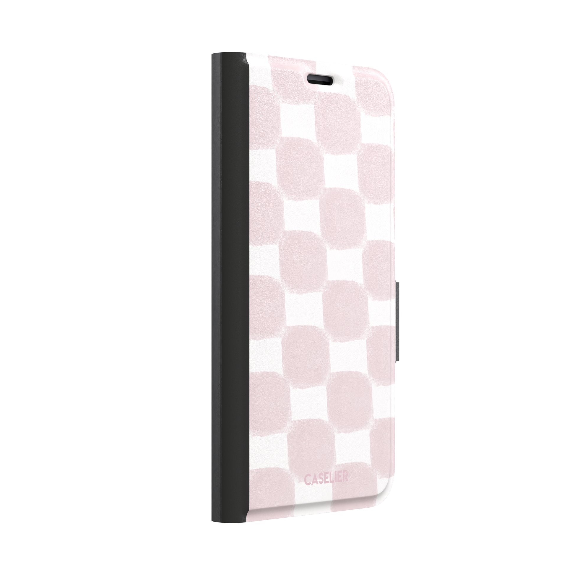Bricks phone case in dusty pink and white hand-painted checkerboard pattern, phone case by Caselier — wallet case, left view