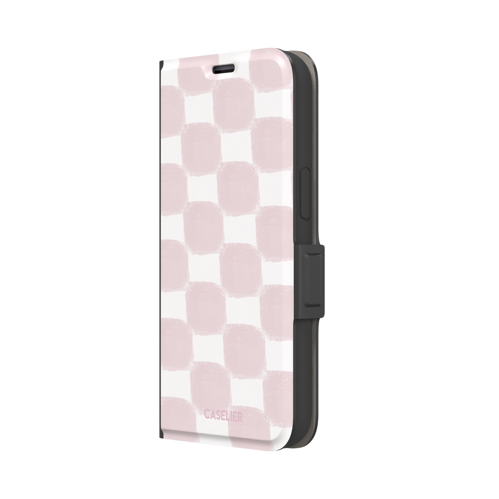 Bricks phone case in dusty pink and white hand-painted checkerboard pattern, phone case by Caselier — wallet case, right view