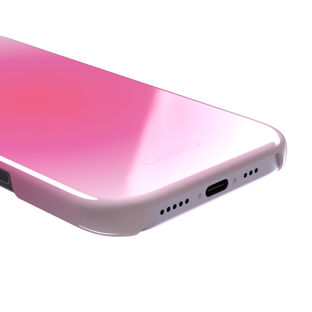 Bubblegum, glowing gradient blending soft lilac into vivid coral-pink tones, snap case, charging port detail, phone case by Caselier