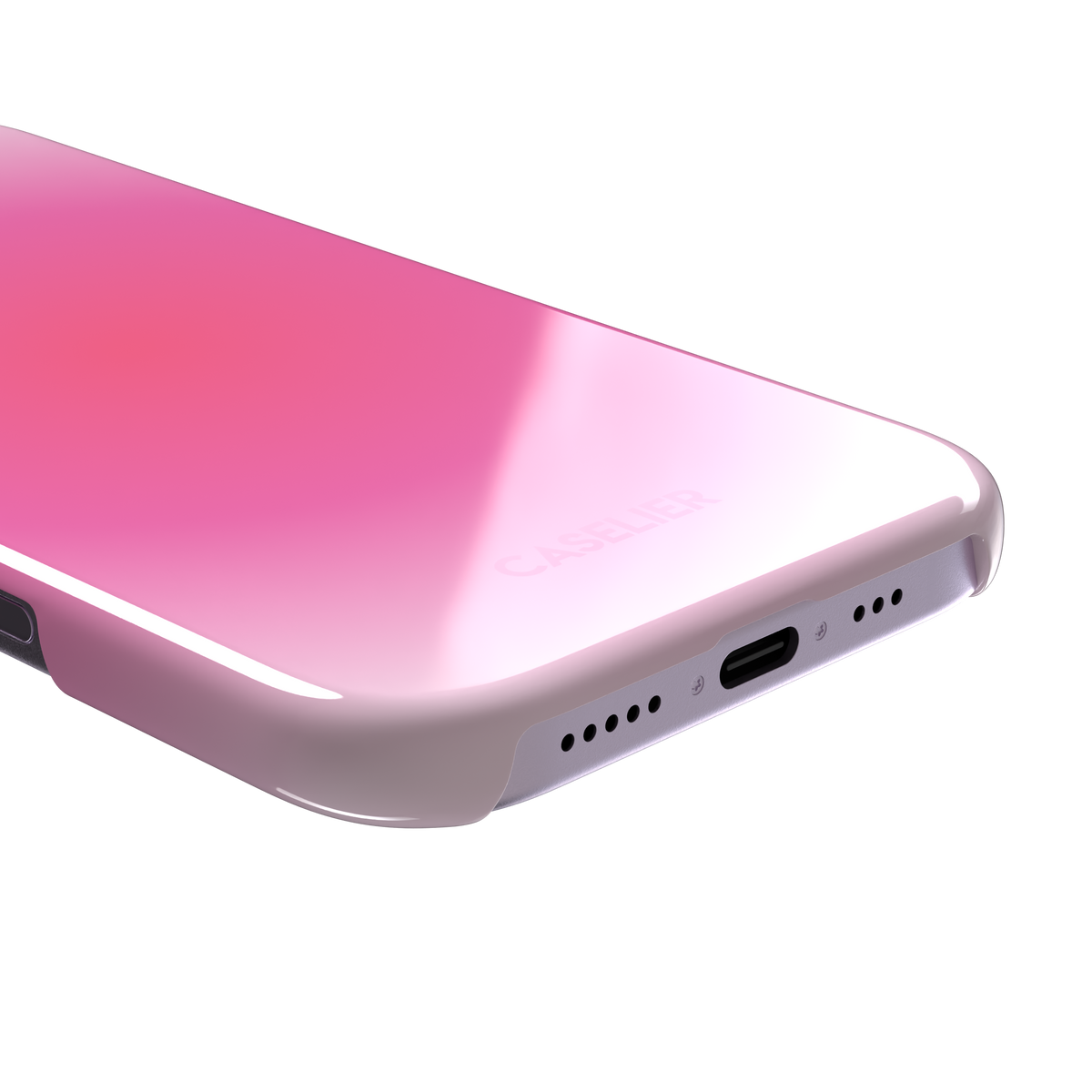 Bubblegum, glowing gradient blending soft lilac into vivid coral-pink tones, snap case, charging port detail, phone case by Caselier