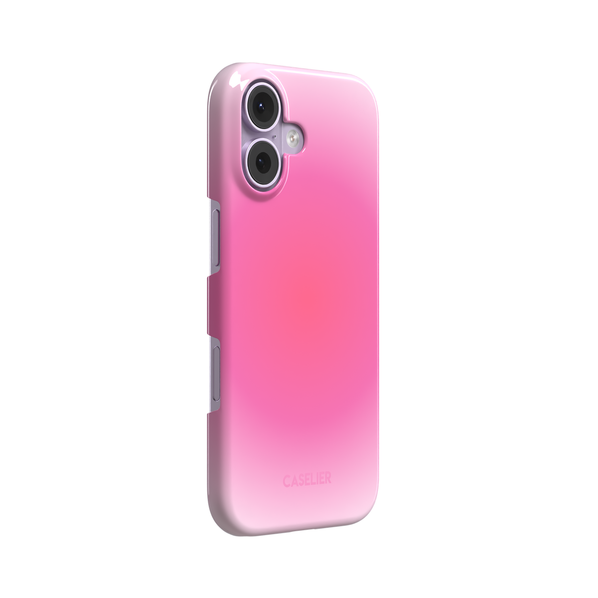 Bubblegum, glowing gradient blending soft lilac into vivid coral-pink tones, snap case, left view, phone case by Caselier