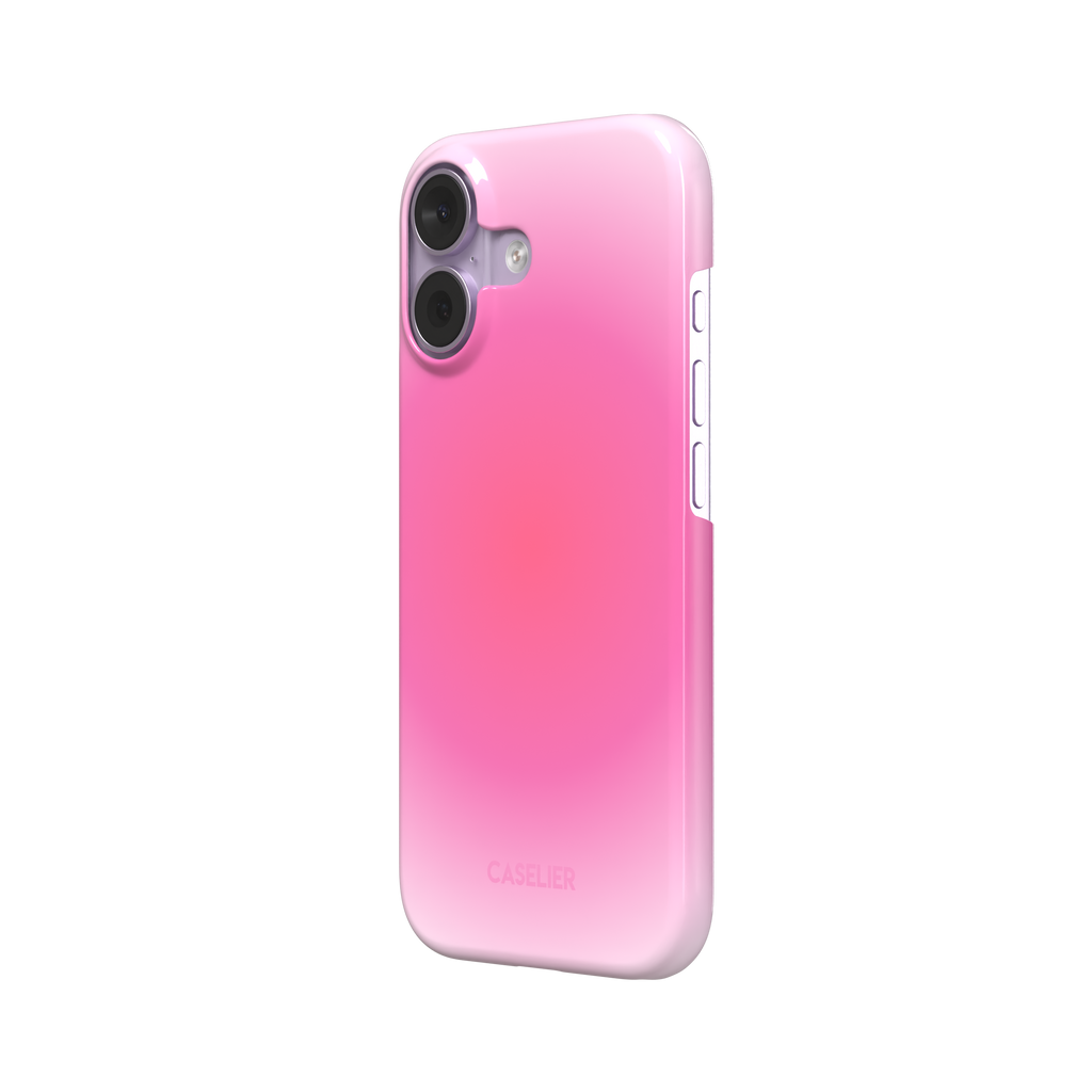 Bubblegum, glowing gradient blending soft lilac into vivid coral-pink tones, snap case, right view, phone case by Caselier