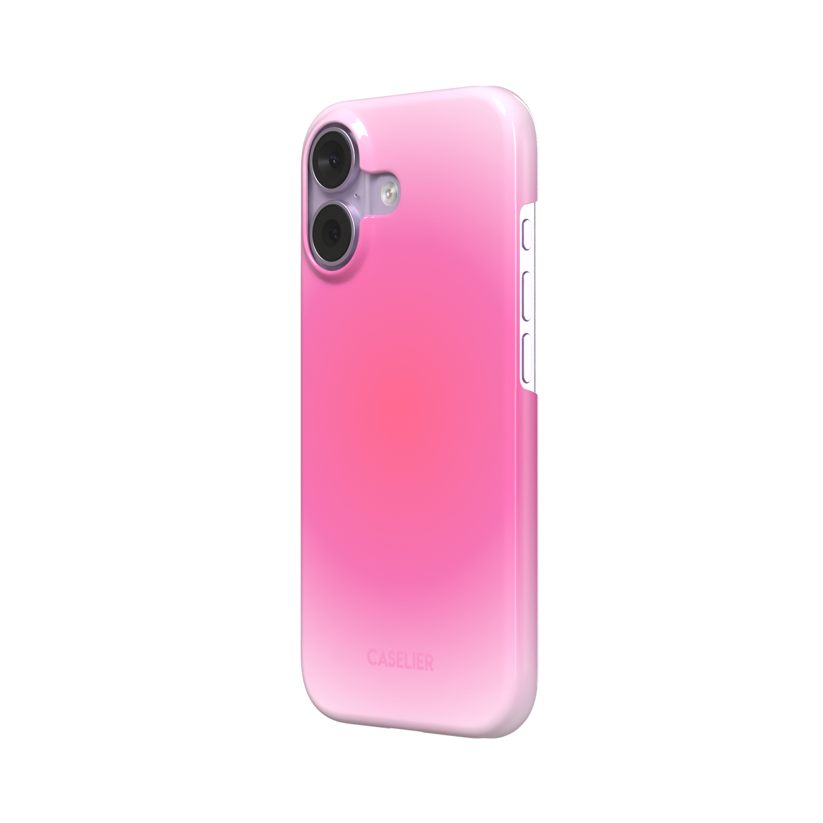 Bubblegum, glowing gradient blending soft lilac into vivid coral-pink tones, snap case, right view, phone case by Caselier