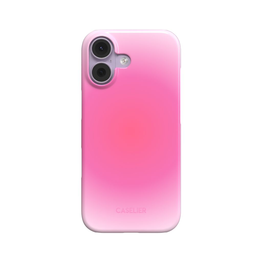 Bubblegum phone case with a soft blush to vivid hot pink radial gradient, glossy finish, back view on white background, phone case by Caselier