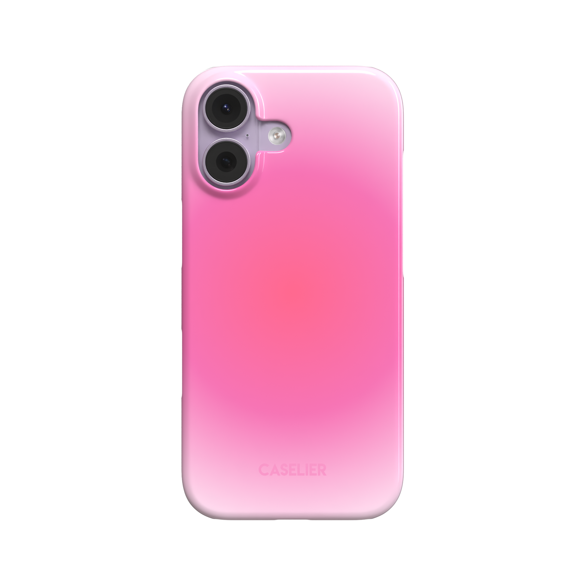 Bubblegum phone case with a soft blush to vivid hot pink radial gradient, glossy finish, back view on white background, phone case by Caselier