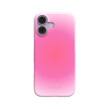 Bubblegum phone case with a soft blush to vivid hot pink radial gradient, glossy finish, back view on white background, phone case by Caselier