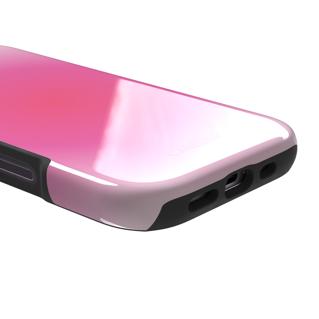 Bubblegum, glowing gradient blending soft lilac into vivid coral-pink tones, tough case, charging port detail, phone case by Caselier