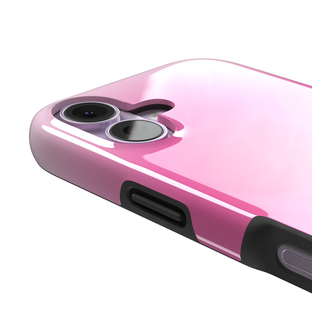 Bubblegum, glowing gradient blending soft lilac into vivid coral-pink tones, tough case, volume buttons detail, phone case by Caselier