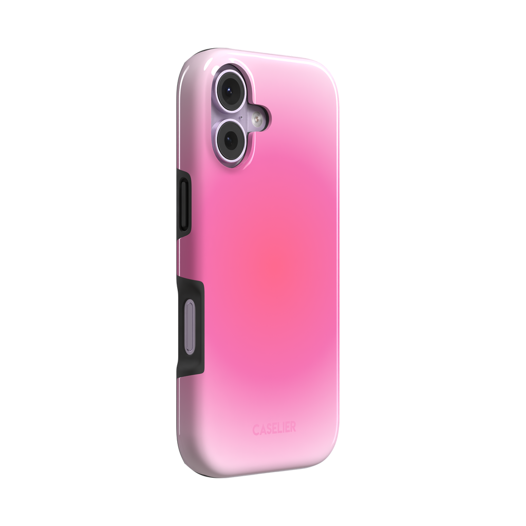 Bubblegum, glowing gradient blending soft lilac into vivid coral-pink tones, tough case, left view, phone case by Caselier