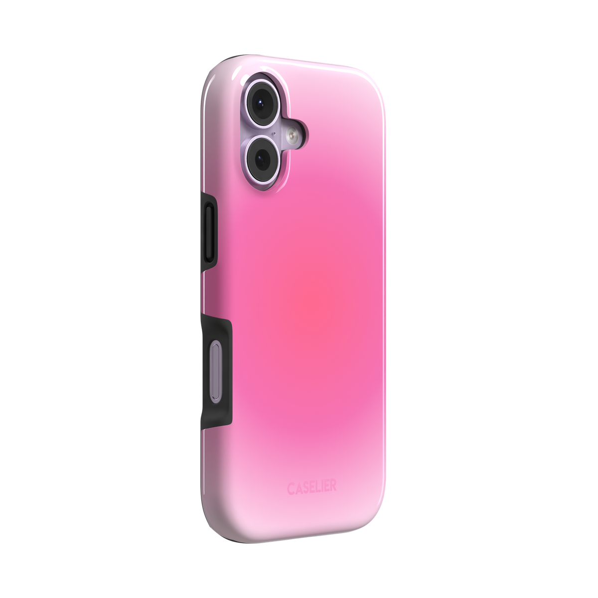 Bubblegum, glowing gradient blending soft lilac into vivid coral-pink tones, tough case, left view, phone case by Caselier