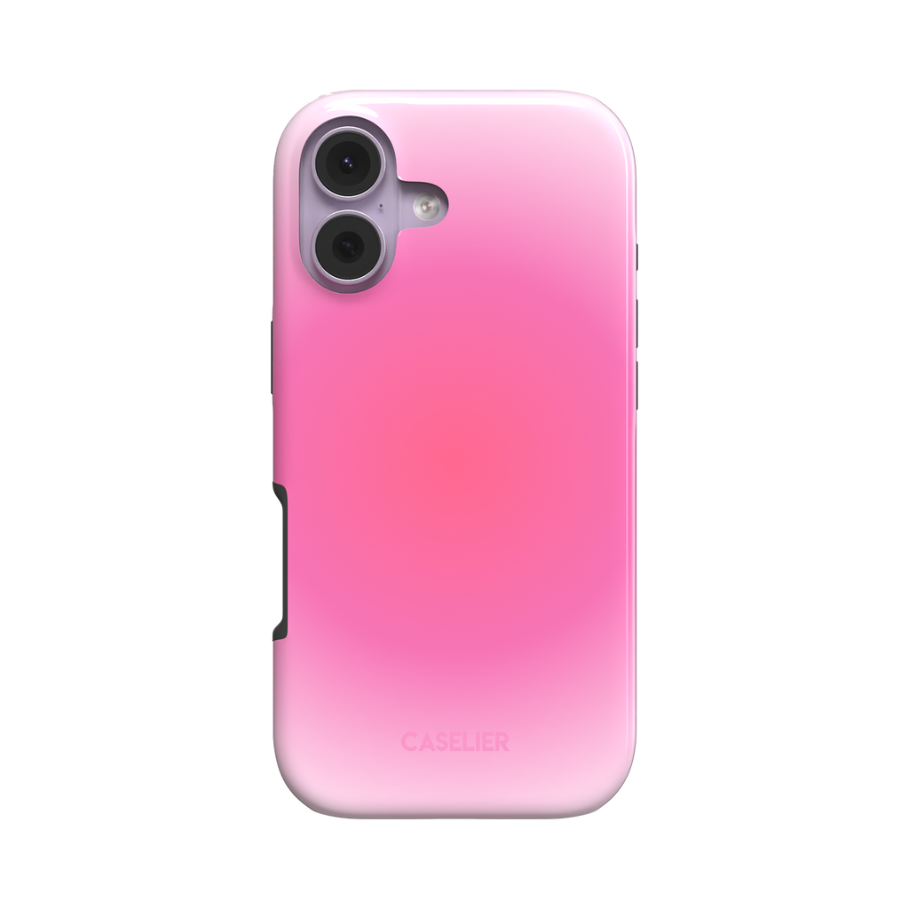 Bubblegum phone case showing the pink ombre gradient design in a dual-layer tough case style, back view on white background, phone case by Caselier
