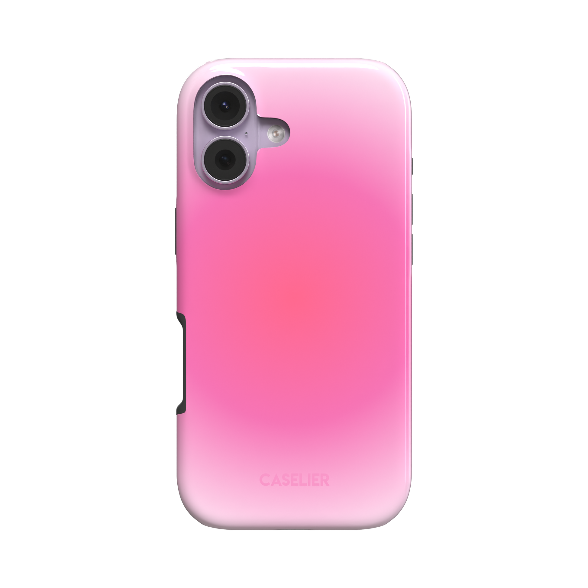 Bubblegum phone case showing the pink ombre gradient design in a dual-layer tough case style, back view on white background, phone case by Caselier