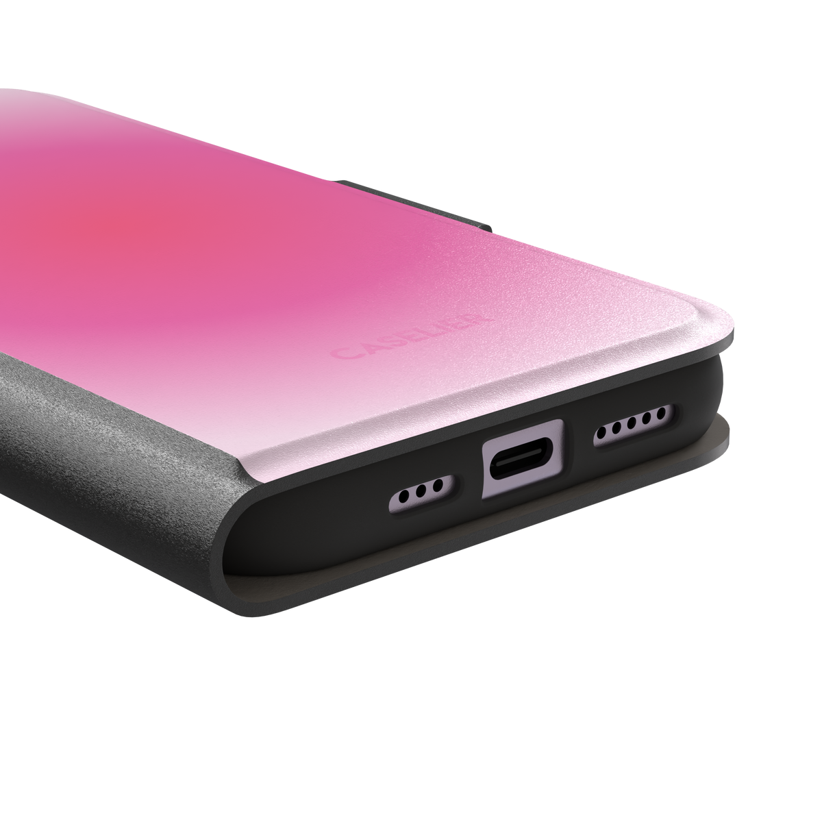Bubblegum, glowing gradient blending soft lilac into vivid coral-pink tones, wallet case, charging port detail, phone case by Caselier