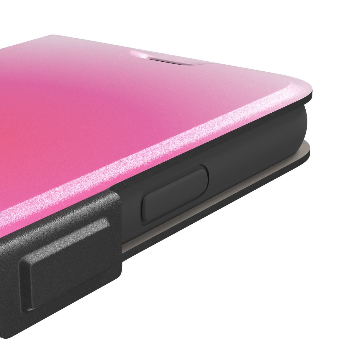 Bubblegum, glowing gradient blending soft lilac into vivid coral-pink tones, wallet case, volume buttons detail, phone case by Caselier