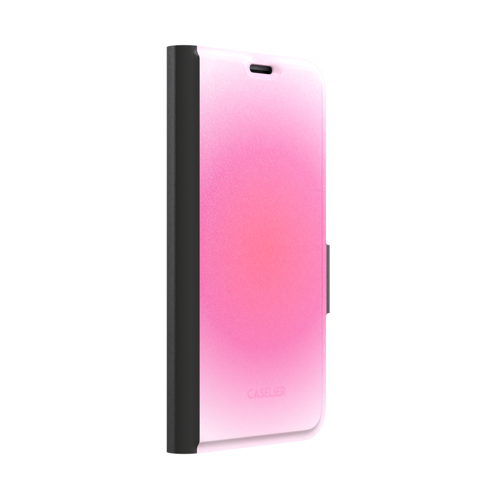 Bubblegum, glowing gradient blending soft lilac into vivid coral-pink tones, wallet case, left view, phone case by Caselier