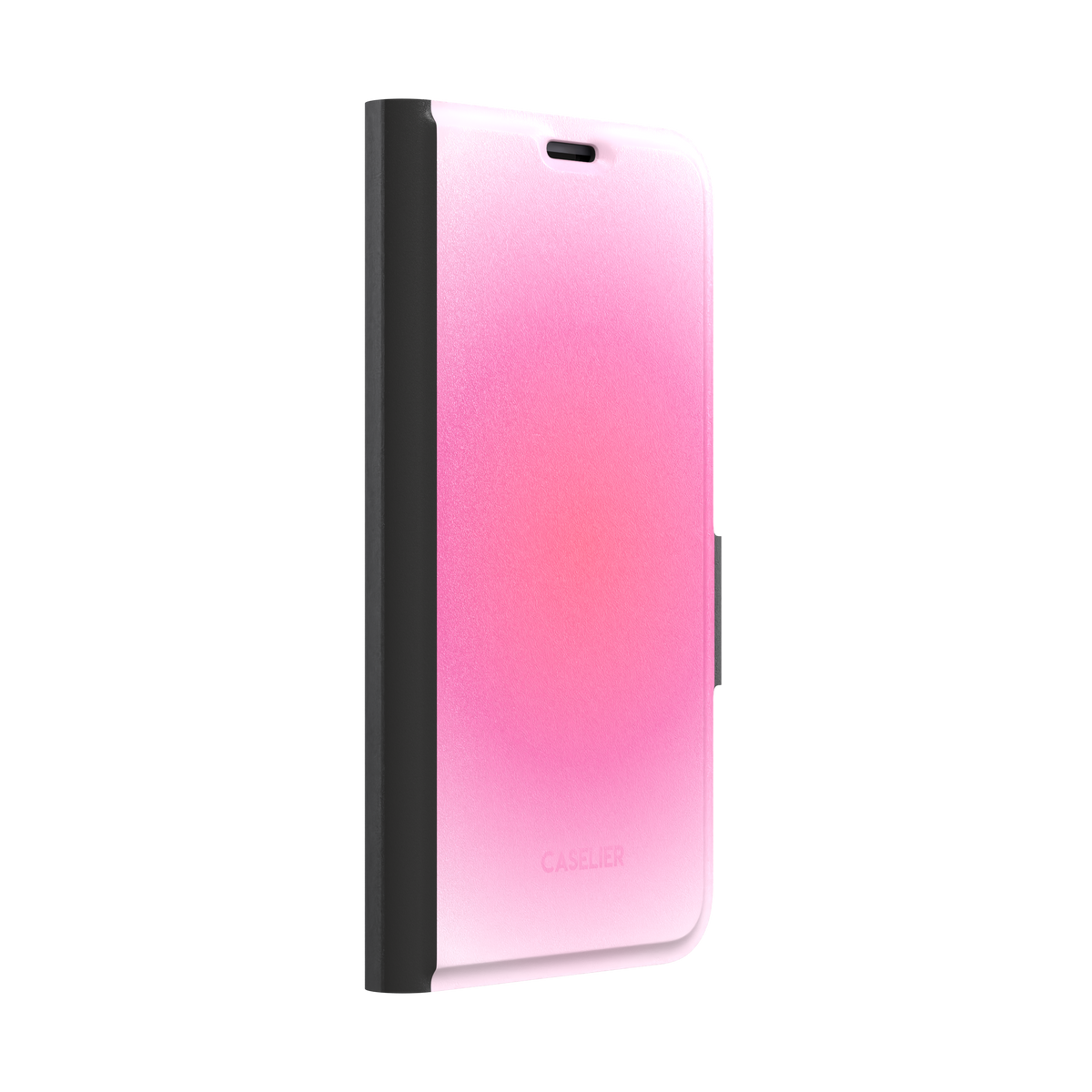 Bubblegum, glowing gradient blending soft lilac into vivid coral-pink tones, wallet case, left view, phone case by Caselier