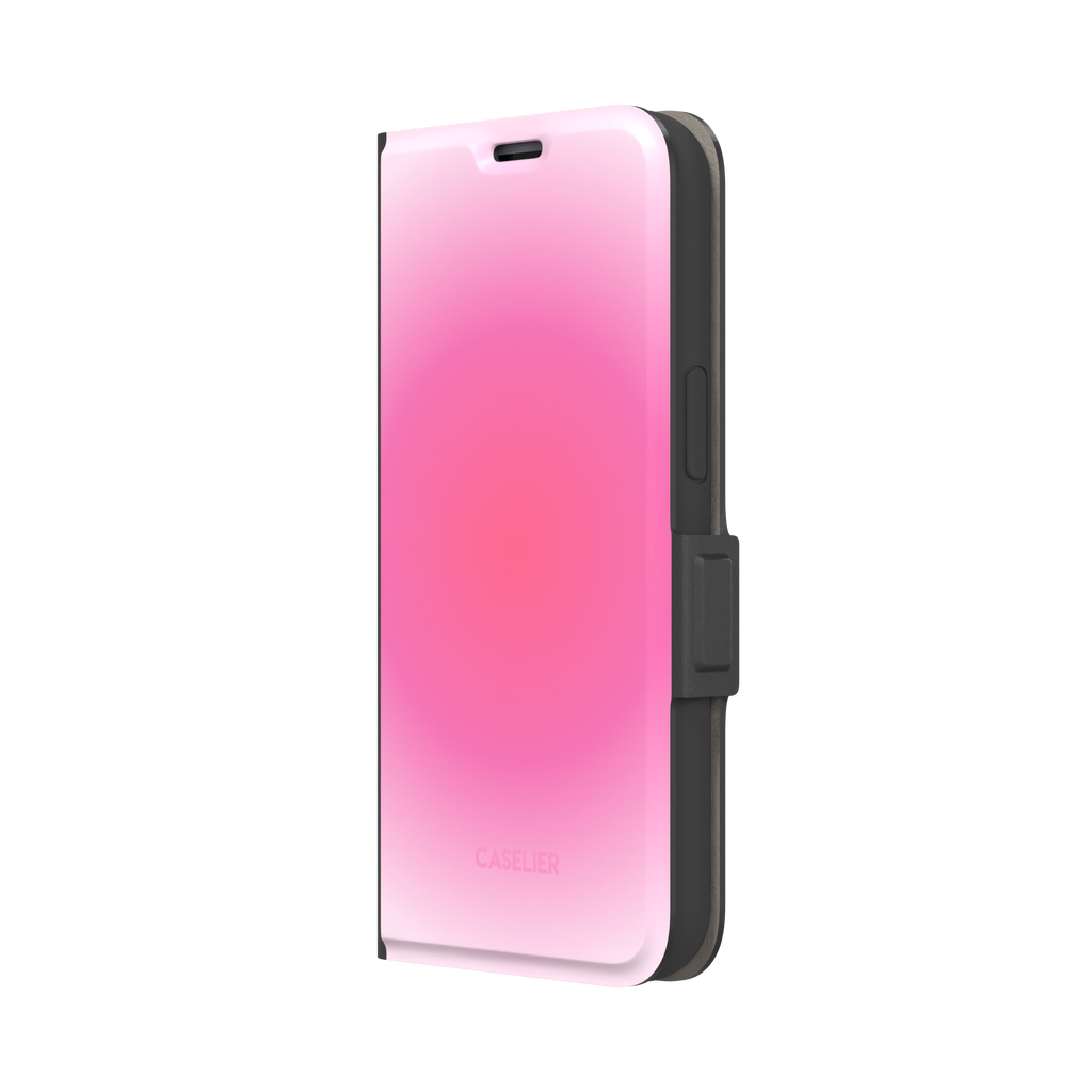 Bubblegum, glowing gradient blending soft lilac into vivid coral-pink tones, wallet case, right view, phone case by Caselier