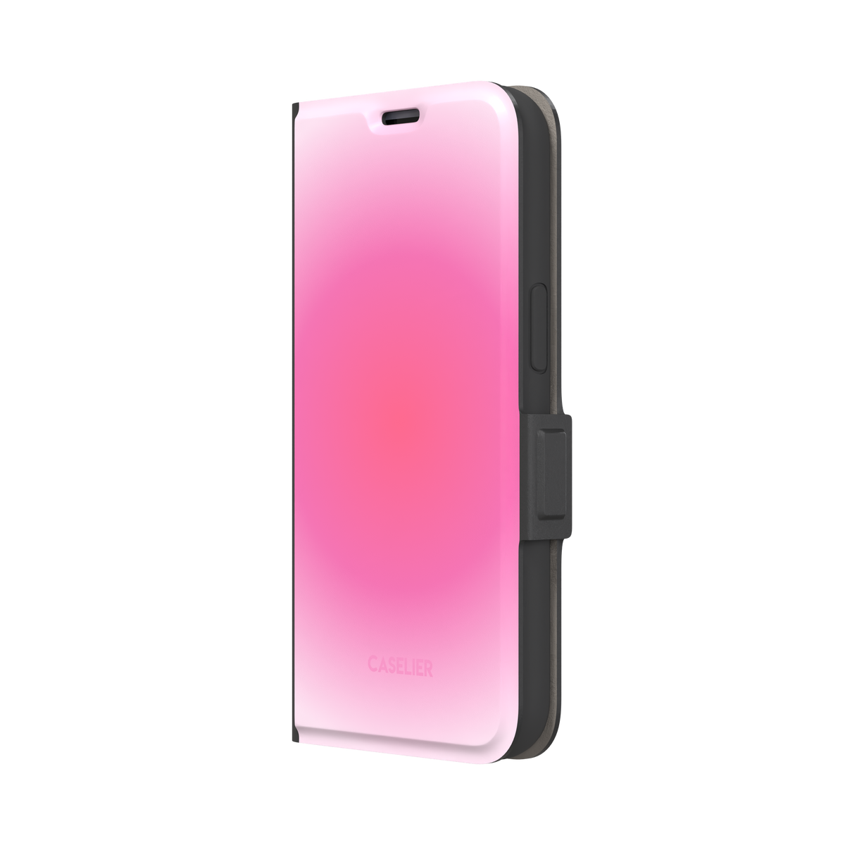 Bubblegum, glowing gradient blending soft lilac into vivid coral-pink tones, wallet case, right view, phone case by Caselier