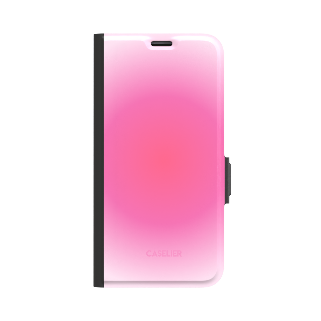 Bubblegum design on a folio wallet case with black trim and clasp, pink radial gradient from blush to hot pink, front cover view on white background, phone case by Caselier