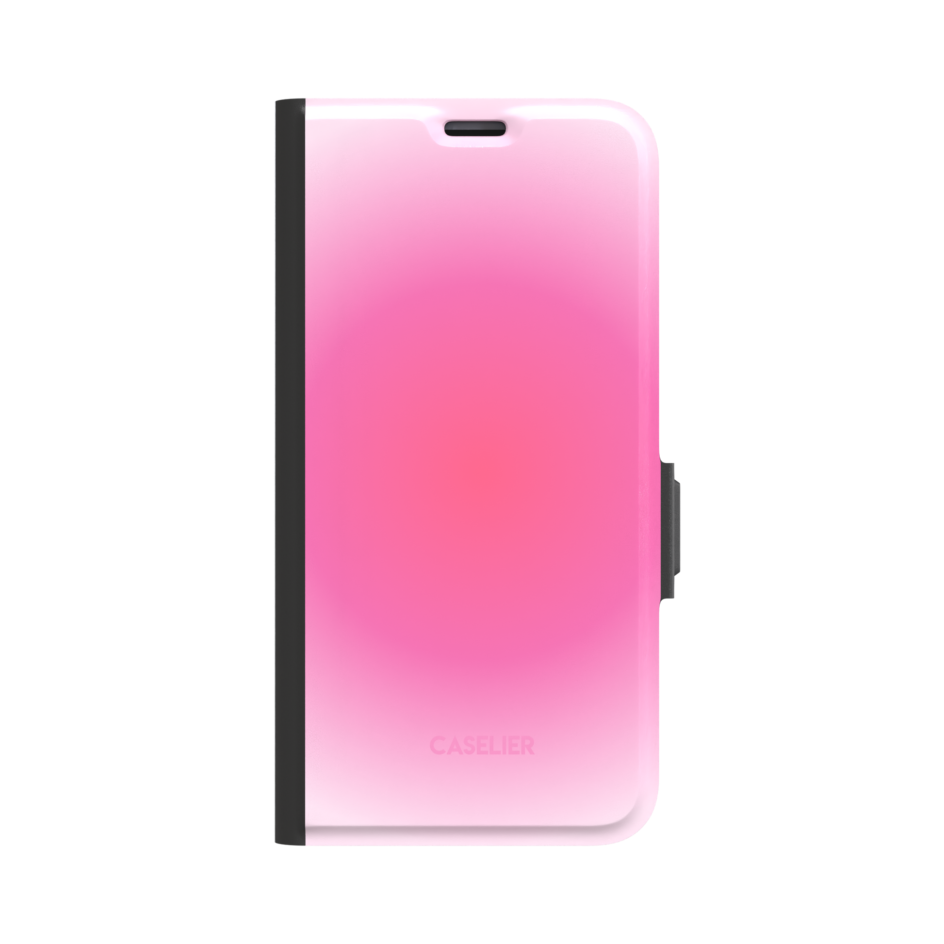 Bubblegum design on a folio wallet case with black trim and clasp, pink radial gradient from blush to hot pink, front cover view on white background, phone case by Caselier