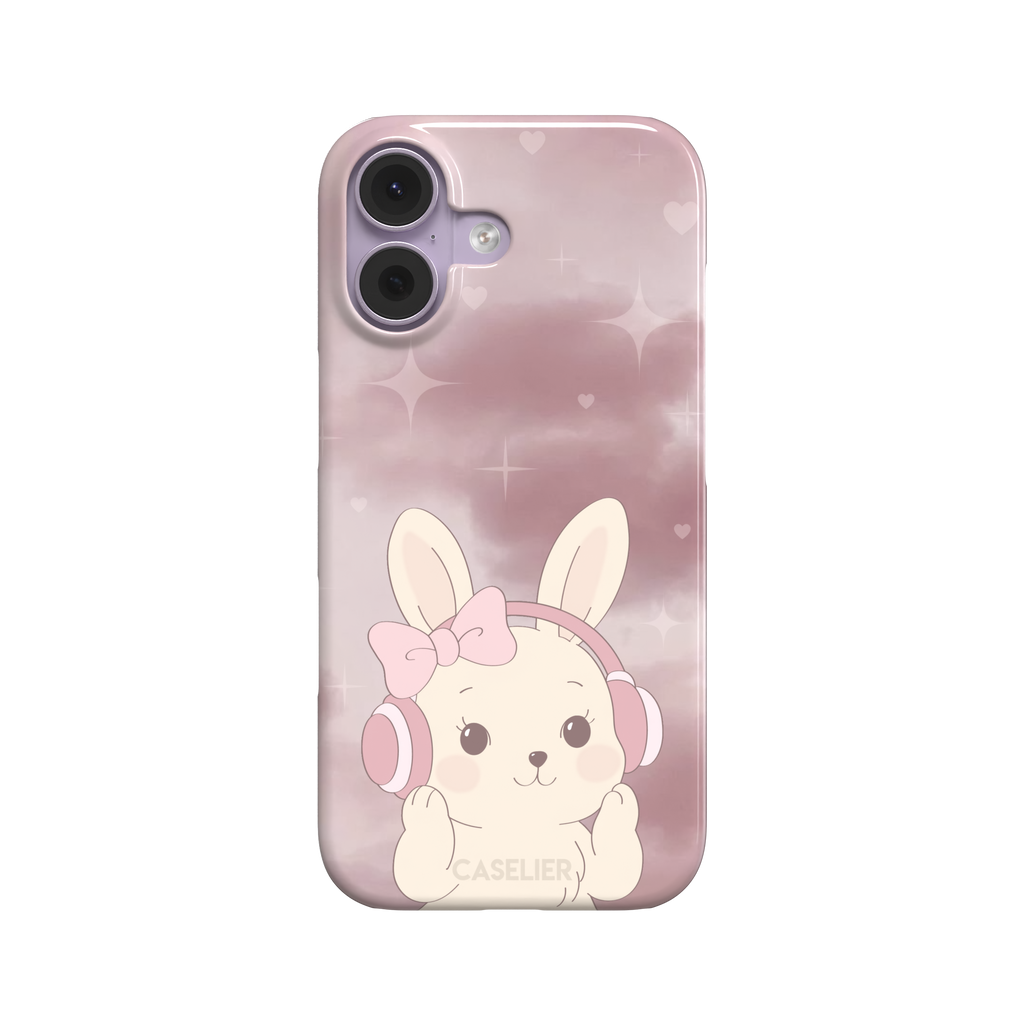 Bunnie-Boo phone case in soft pink featuring a kawaii cream bunny with pink headphones and a bow against a sparkly rose sky with hearts, phone case by Caselier — snap case, front view