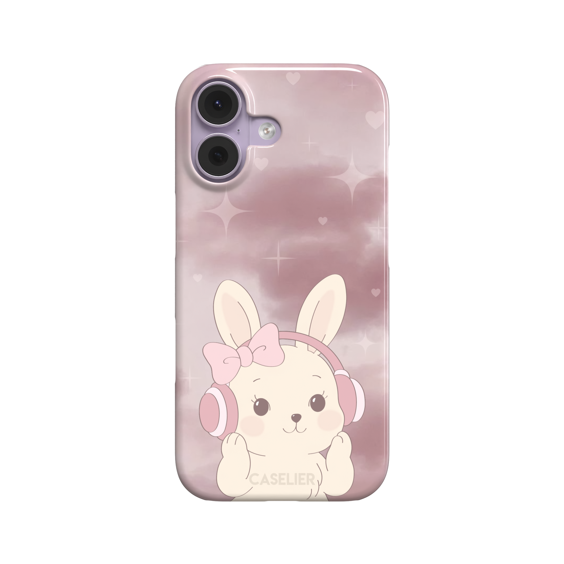 Bunnie-Boo phone case in soft pink featuring a kawaii cream bunny with pink headphones and a bow against a sparkly rose sky with hearts, phone case by Caselier — snap case, front view