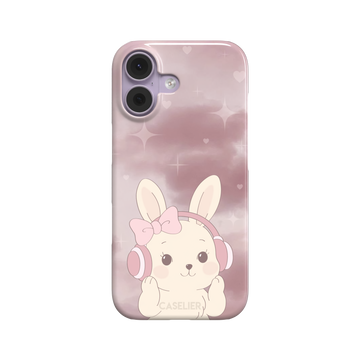 Bunnie-Boo phone case in soft pink featuring a kawaii cream bunny with pink headphones and a bow against a sparkly rose sky with hearts, phone case by Caselier — snap case, front view
