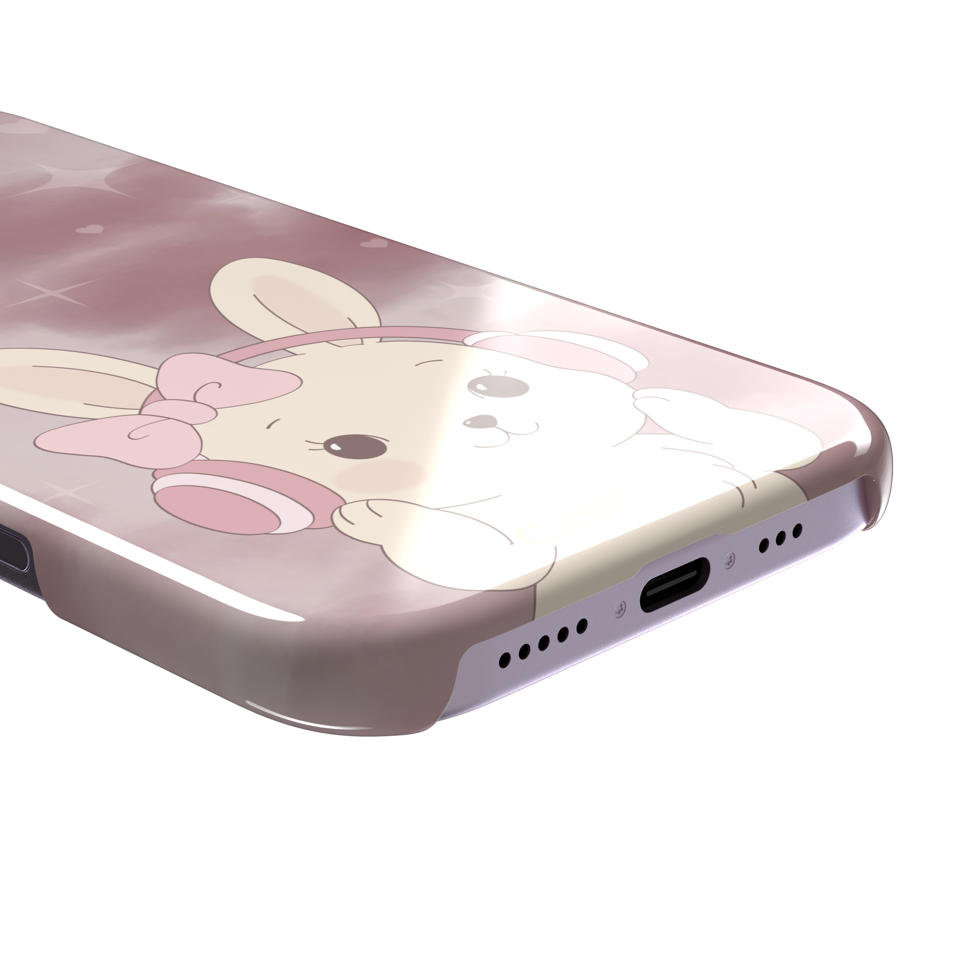 Bunnie-Boo phone case in soft pink featuring a kawaii cream bunny with pink headphones and a bow against a sparkly rose sky with hearts, phone case by Caselier — snap case, charging port detail
