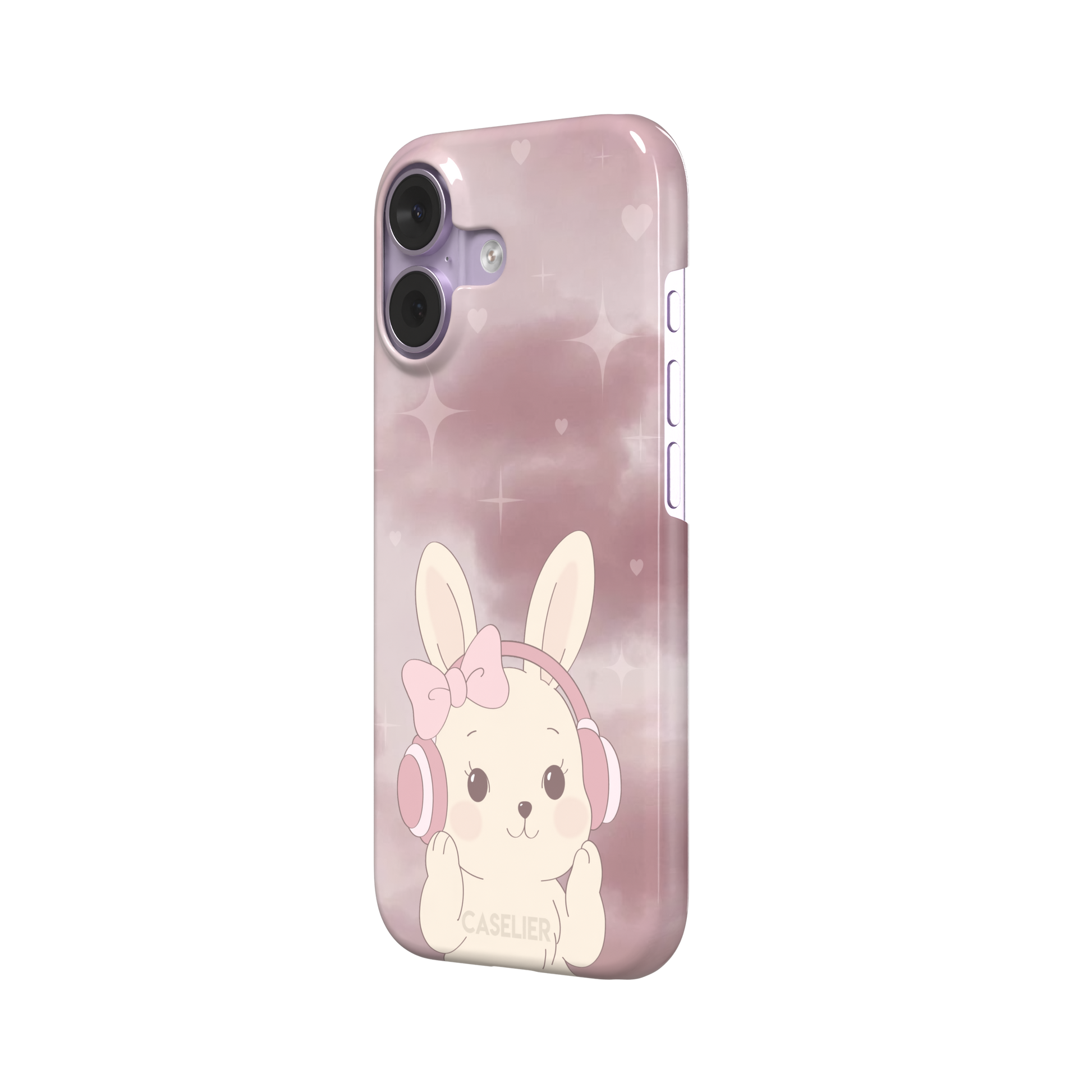 Bunnie-Boo phone case in soft pink featuring a kawaii cream bunny with pink headphones and a bow against a sparkly rose sky with hearts, phone case by Caselier — snap case, right view