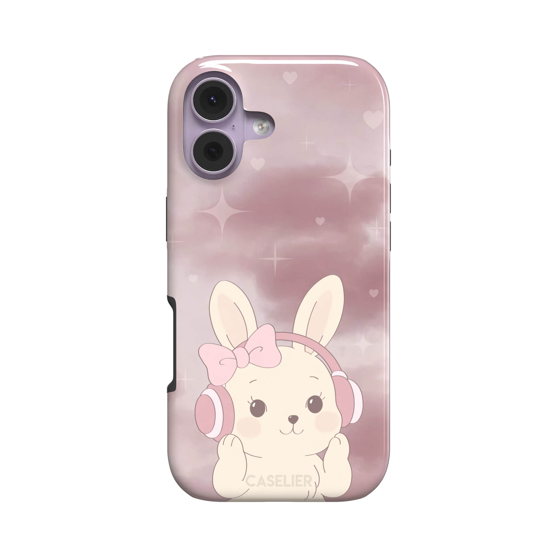 Bunnie-Boo phone case in soft pink featuring a kawaii cream bunny with pink headphones and a bow against a sparkly rose sky with hearts, phone case by Caselier — tough case, front view