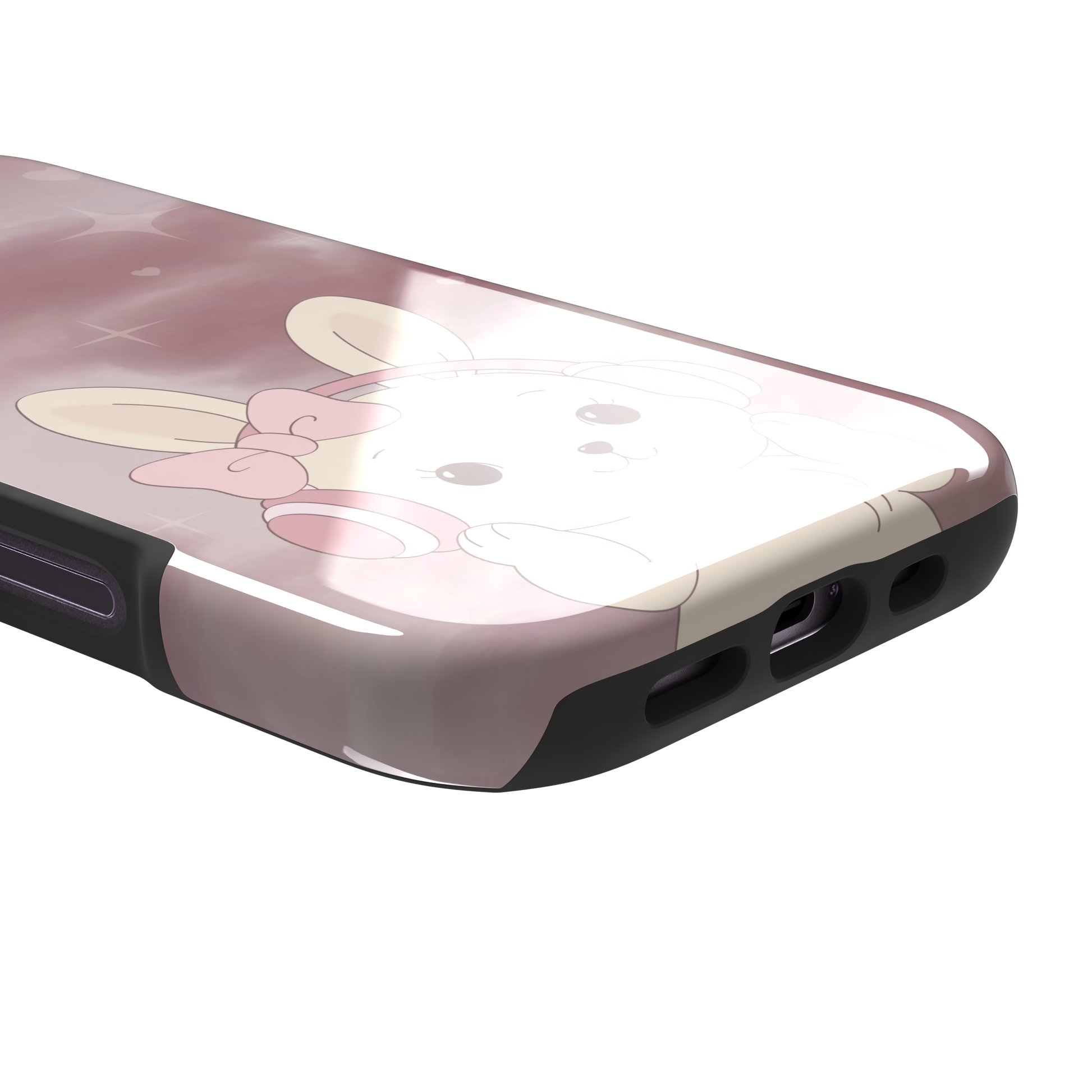 Bunnie-Boo phone case in soft pink featuring a kawaii cream bunny with pink headphones and a bow against a sparkly rose sky with hearts, phone case by Caselier — tough case, charging port detail
