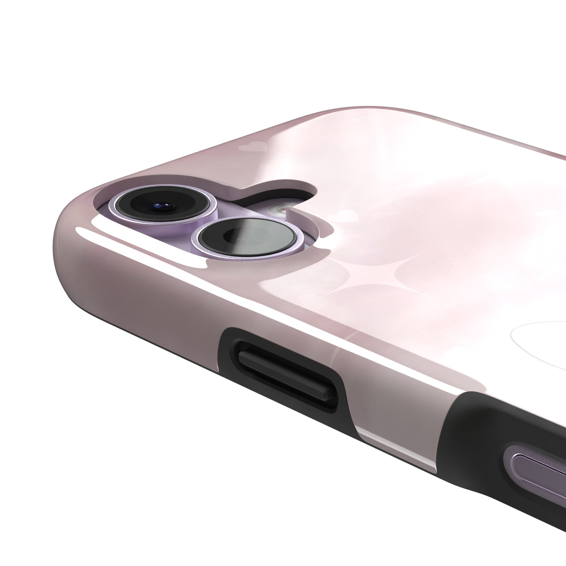 Bunnie-Boo phone case in soft pink featuring a kawaii cream bunny with pink headphones and a bow against a sparkly rose sky with hearts, phone case by Caselier — tough case, volume buttons detail