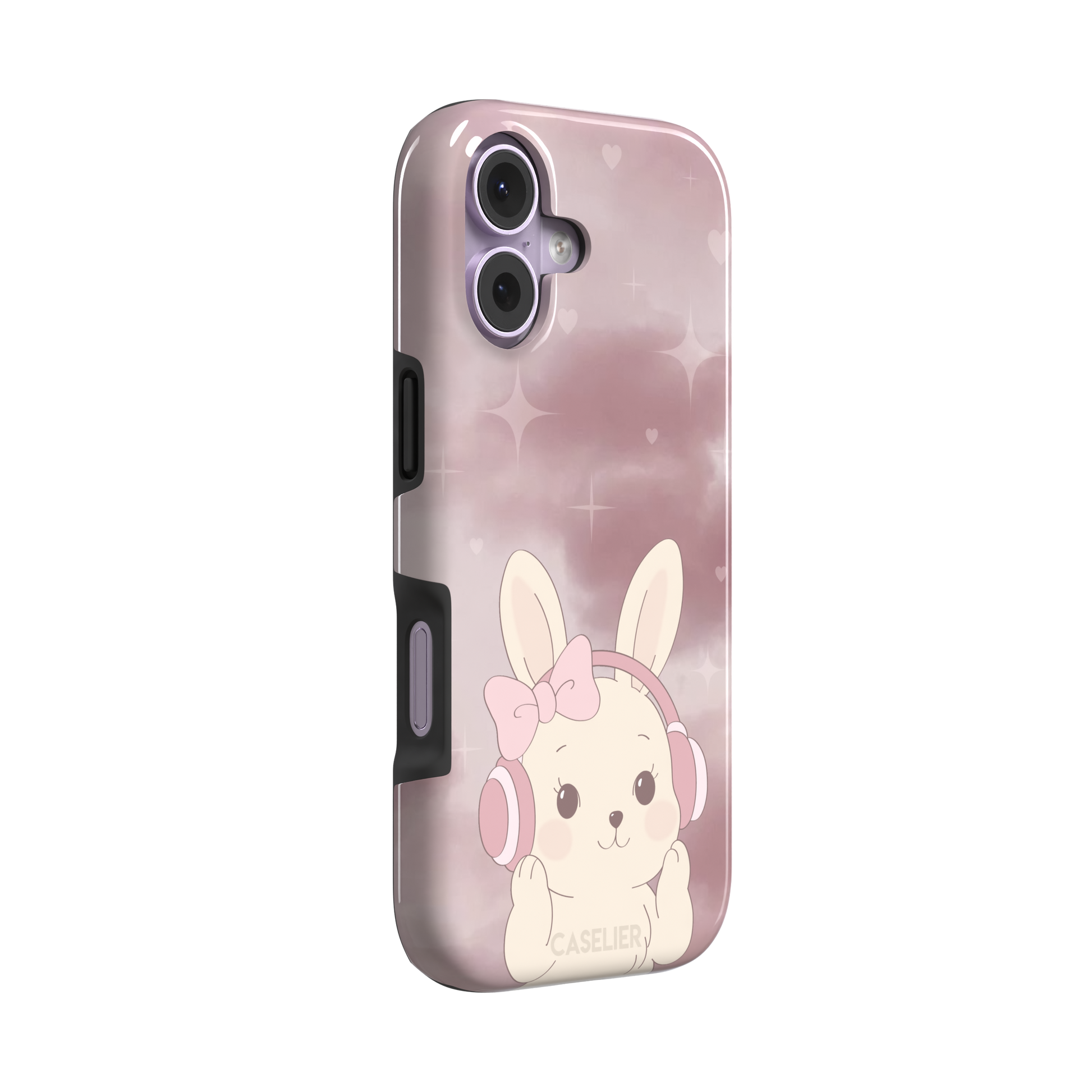 Bunnie-Boo phone case in soft pink featuring a kawaii cream bunny with pink headphones and a bow against a sparkly rose sky with hearts, phone case by Caselier — tough case, left view