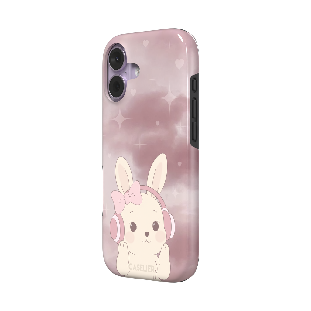 Bunnie-Boo phone case in soft pink featuring a kawaii cream bunny with pink headphones and a bow against a sparkly rose sky with hearts, phone case by Caselier — tough case, right view