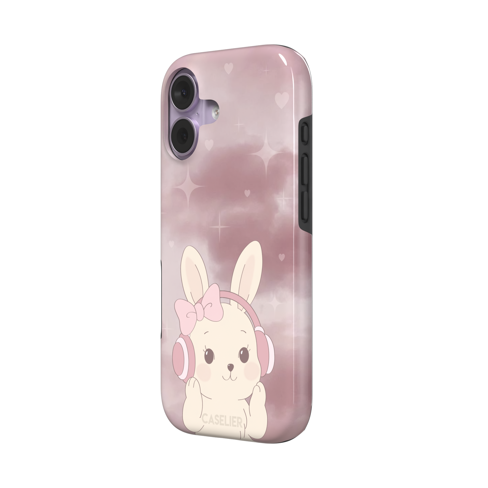 Bunnie-Boo phone case in soft pink featuring a kawaii cream bunny with pink headphones and a bow against a sparkly rose sky with hearts, phone case by Caselier — tough case, right view