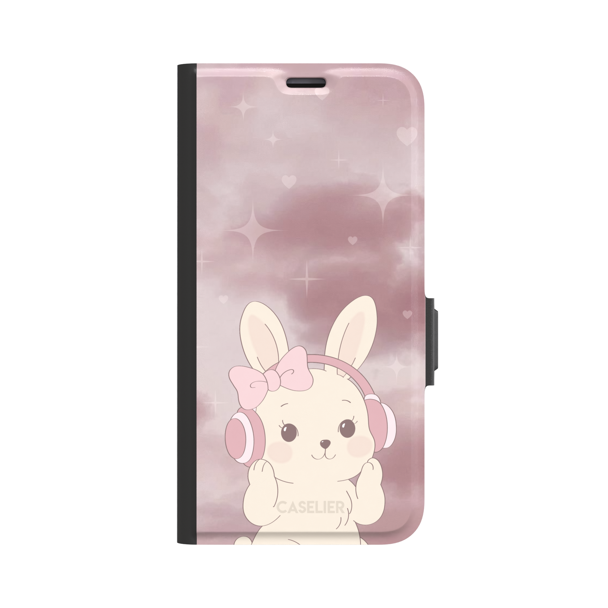 Bunnie-Boo phone case in soft pink featuring a kawaii cream bunny with pink headphones and a bow against a sparkly rose sky with hearts, phone case by Caselier — wallet case, front view
