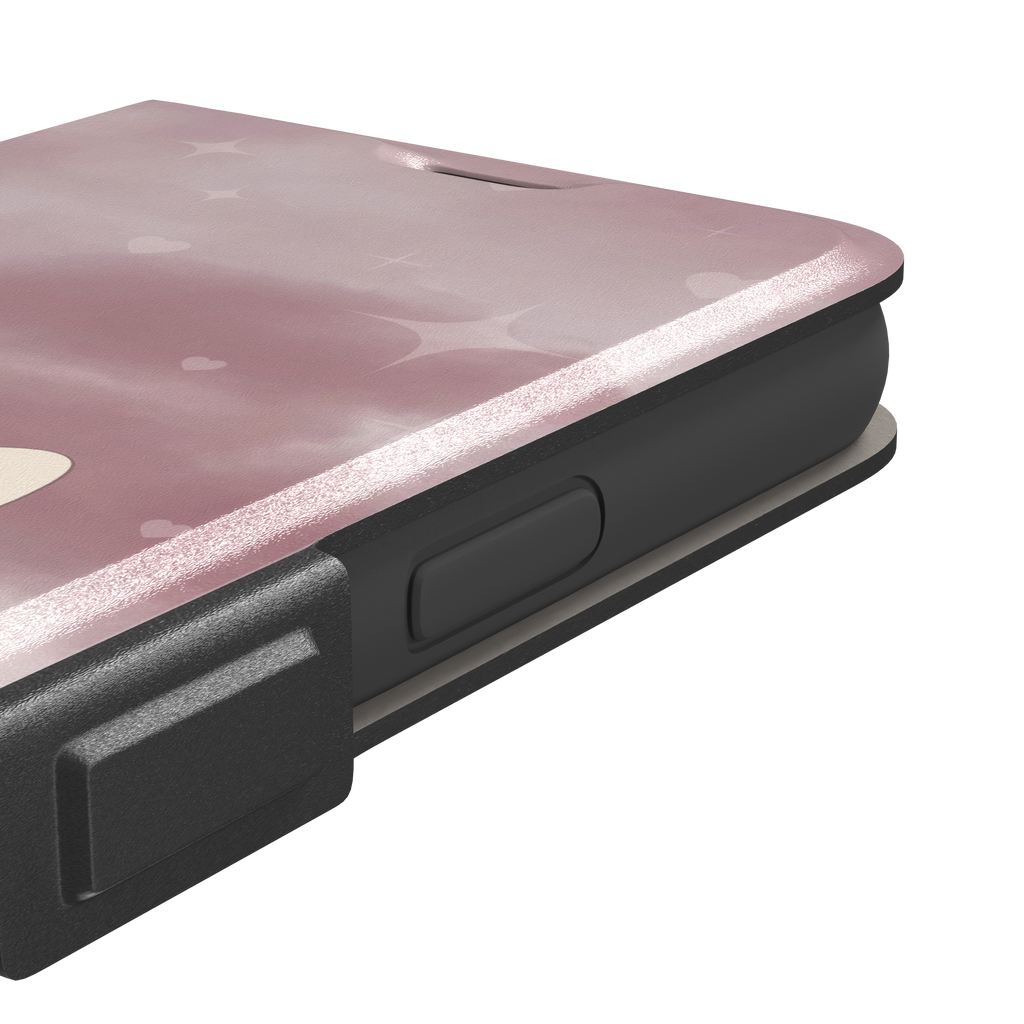 Bunnie-Boo phone case in soft pink featuring a kawaii cream bunny with pink headphones and a bow against a sparkly rose sky with hearts, phone case by Caselier — wallet case, volume buttons detail