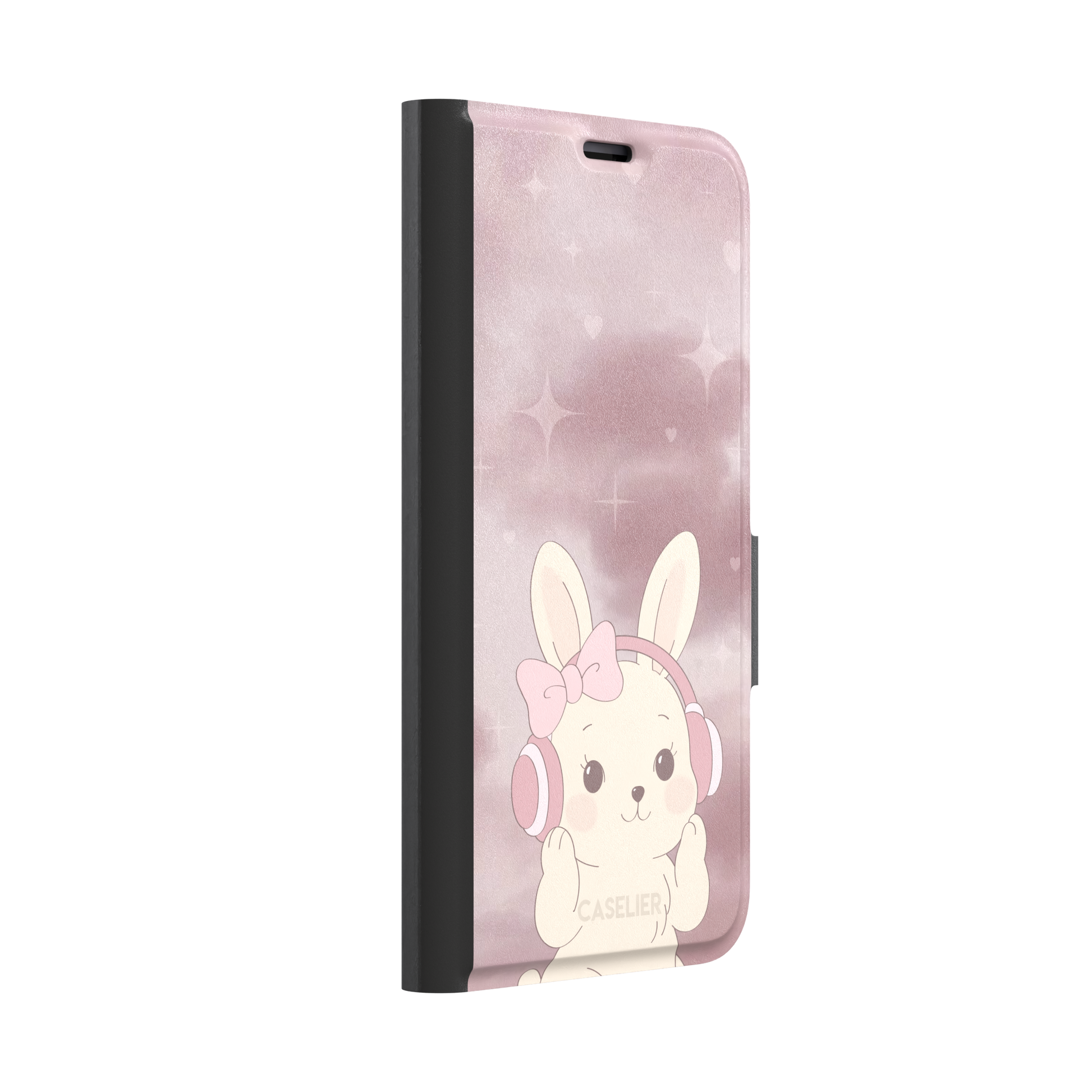 Bunnie-Boo phone case in soft pink featuring a kawaii cream bunny with pink headphones and a bow against a sparkly rose sky with hearts, phone case by Caselier — wallet case, left view