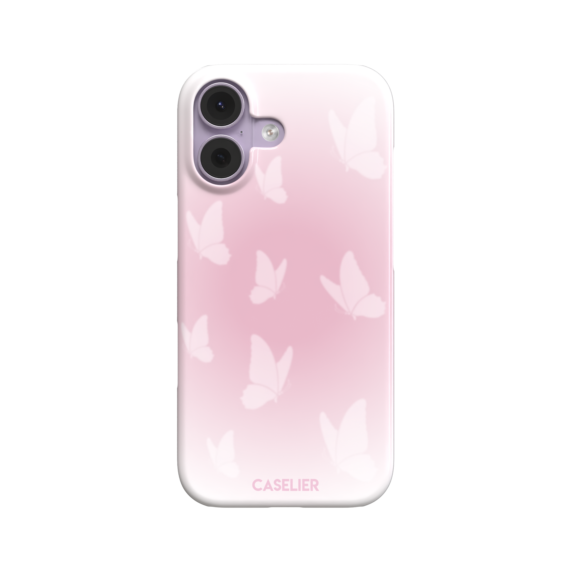 Butterflies phone case with soft pink gradient and scattered white butterfly silhouettes in a coquette style, phone case by Caselier — snap case, front view