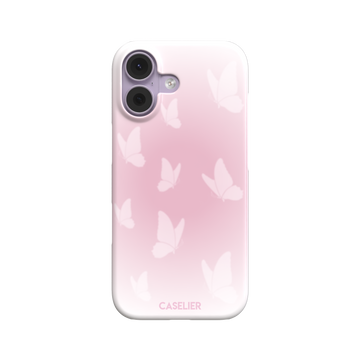 Butterflies phone case with soft pink gradient and scattered white butterfly silhouettes in a coquette style, phone case by Caselier — snap case, front view