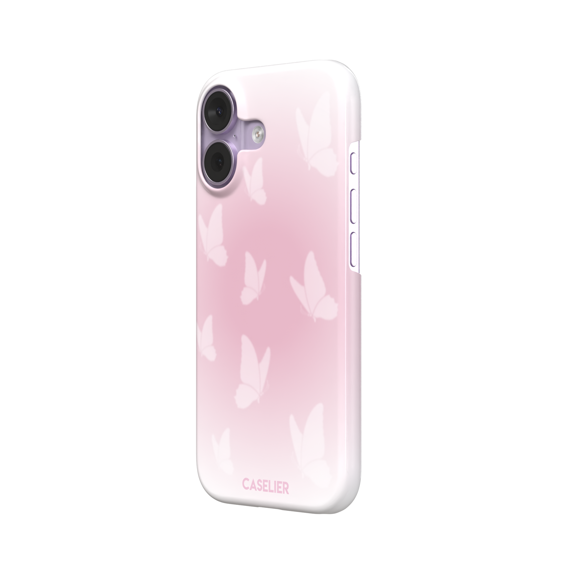 Butterflies phone case with soft pink gradient and scattered white butterfly silhouettes in a coquette style, phone case by Caselier — snap case, right view