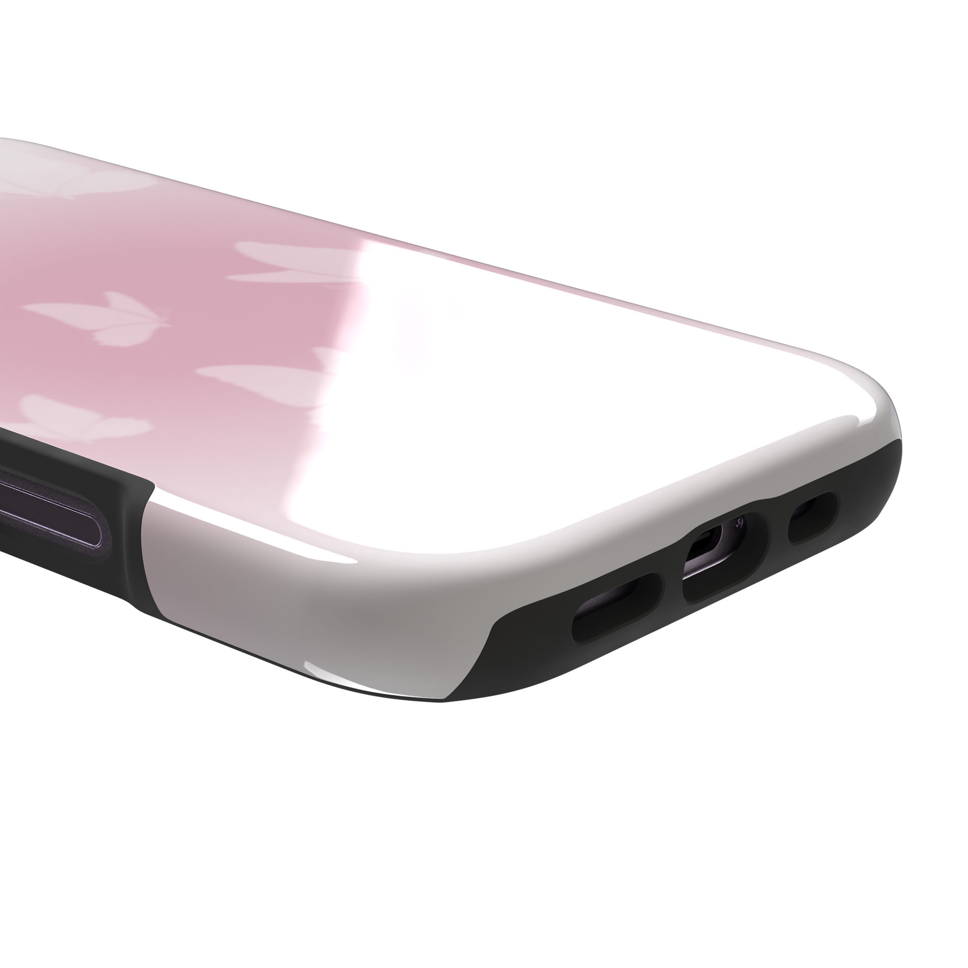 Butterflies phone case with soft pink gradient and scattered white butterfly silhouettes in a coquette style, phone case by Caselier — tough case, charging port detail