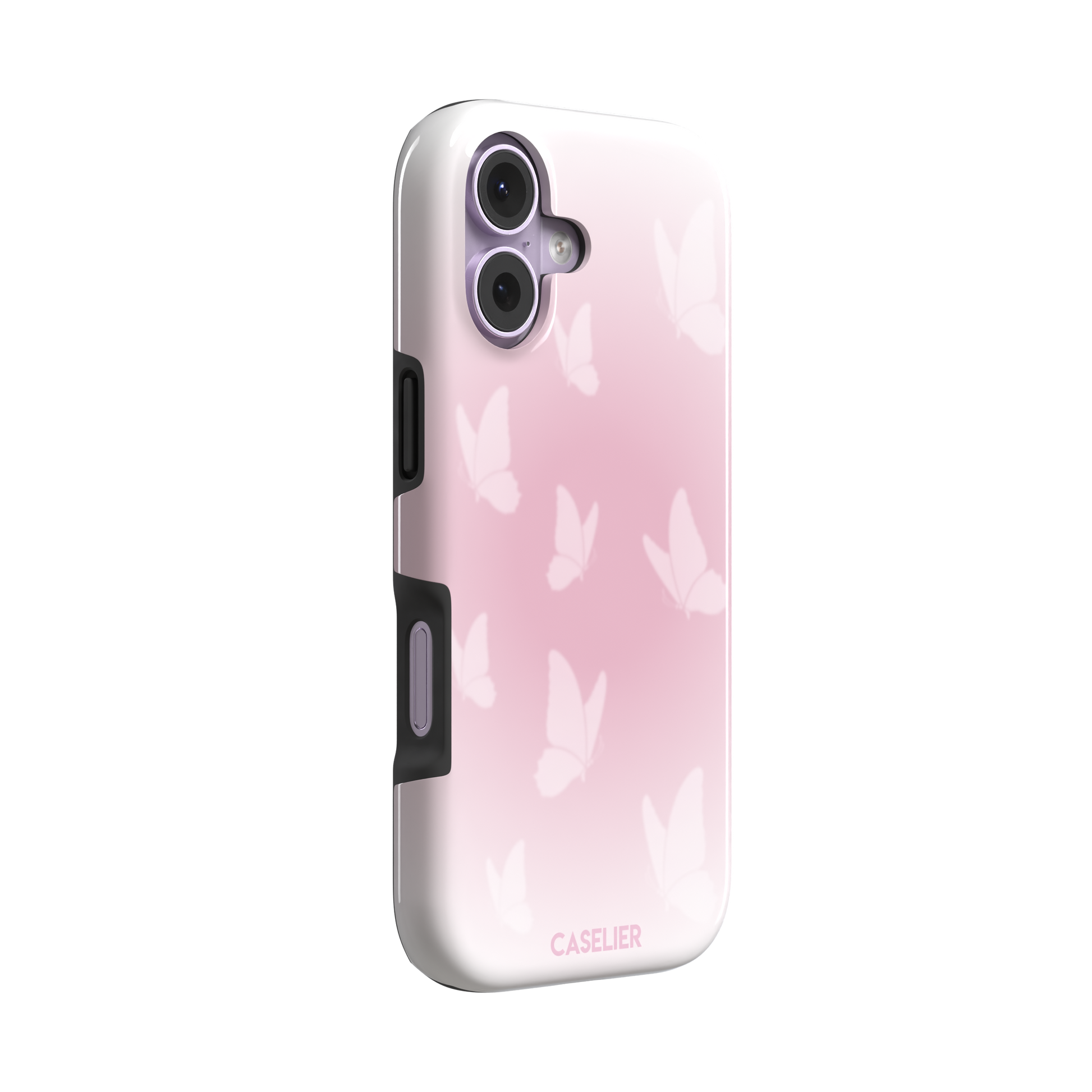 Butterflies phone case with soft pink gradient and scattered white butterfly silhouettes in a coquette style, phone case by Caselier — tough case, left view