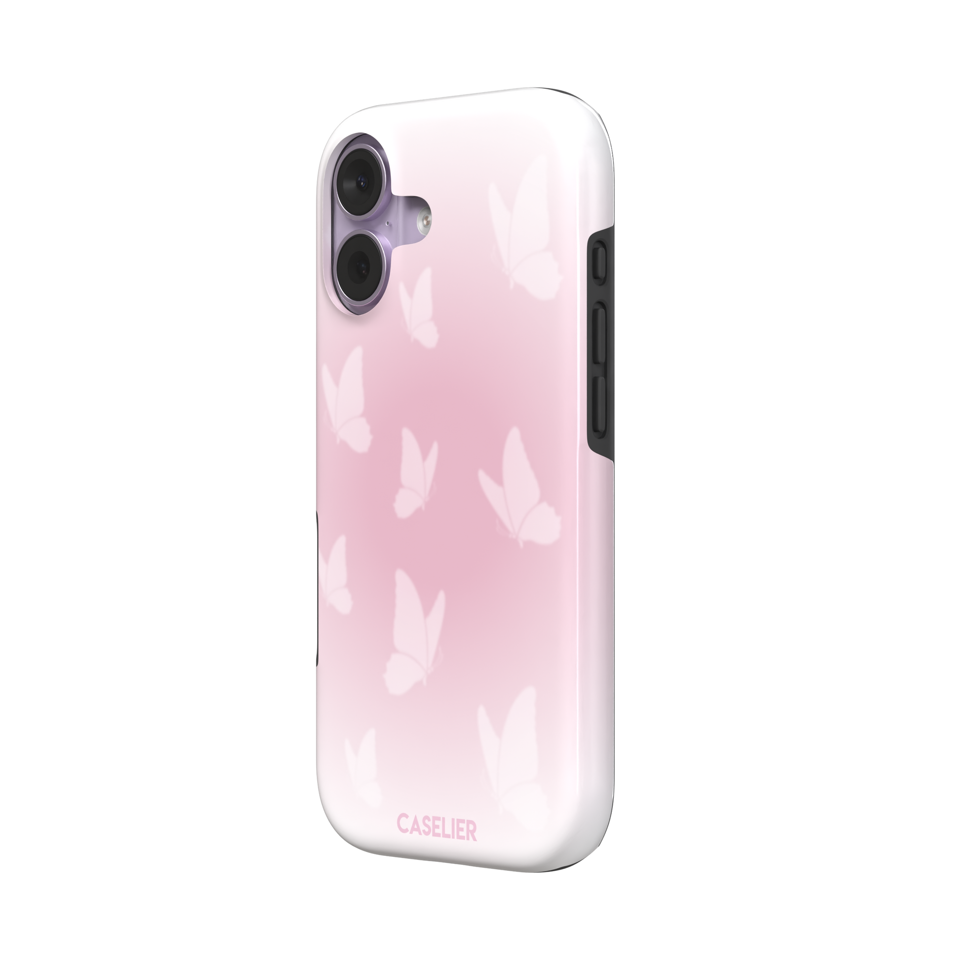 Butterflies phone case with soft pink gradient and scattered white butterfly silhouettes in a coquette style, phone case by Caselier — tough case, right view