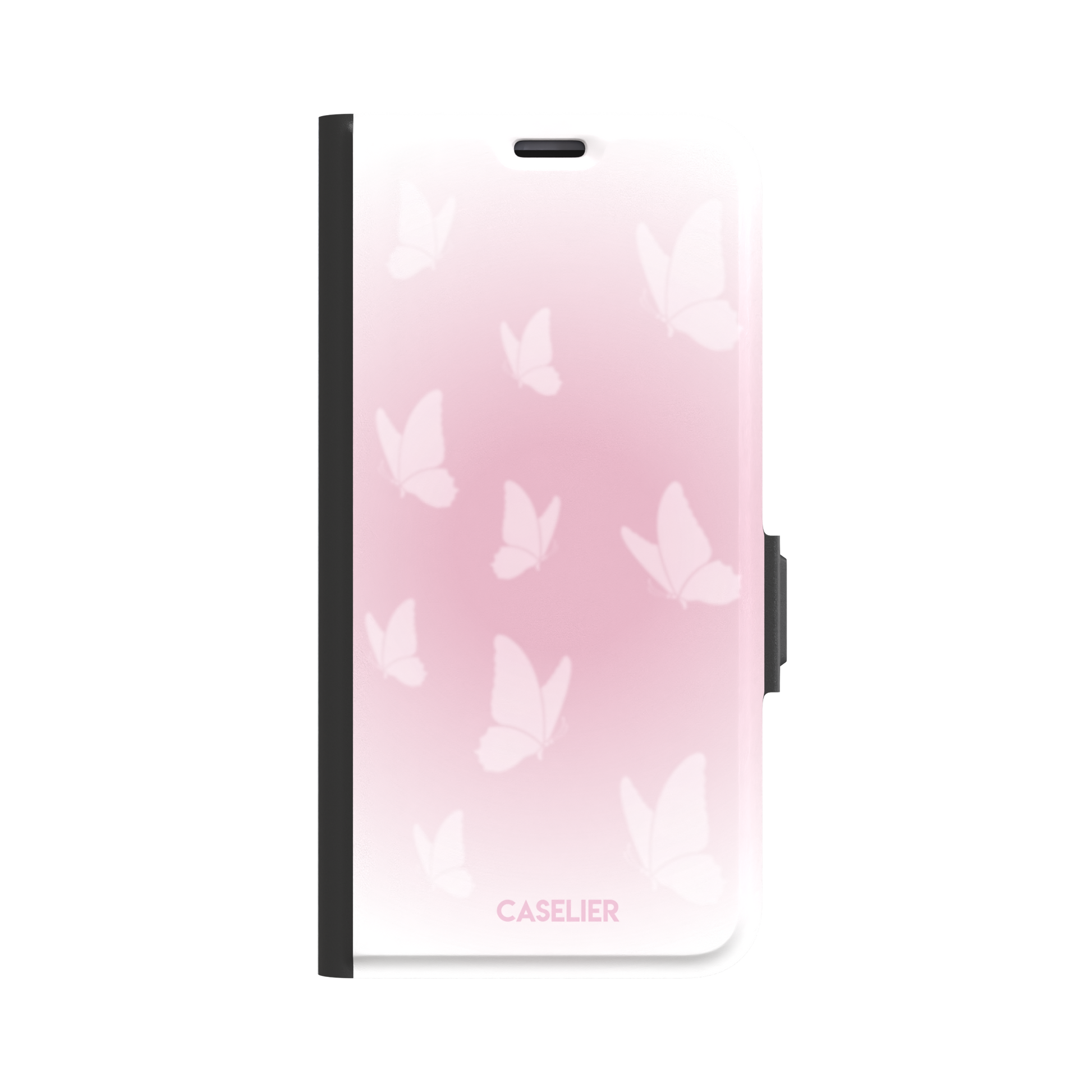 Butterflies phone case with soft pink gradient and scattered white butterfly silhouettes in a coquette style, phone case by Caselier — wallet case, front view