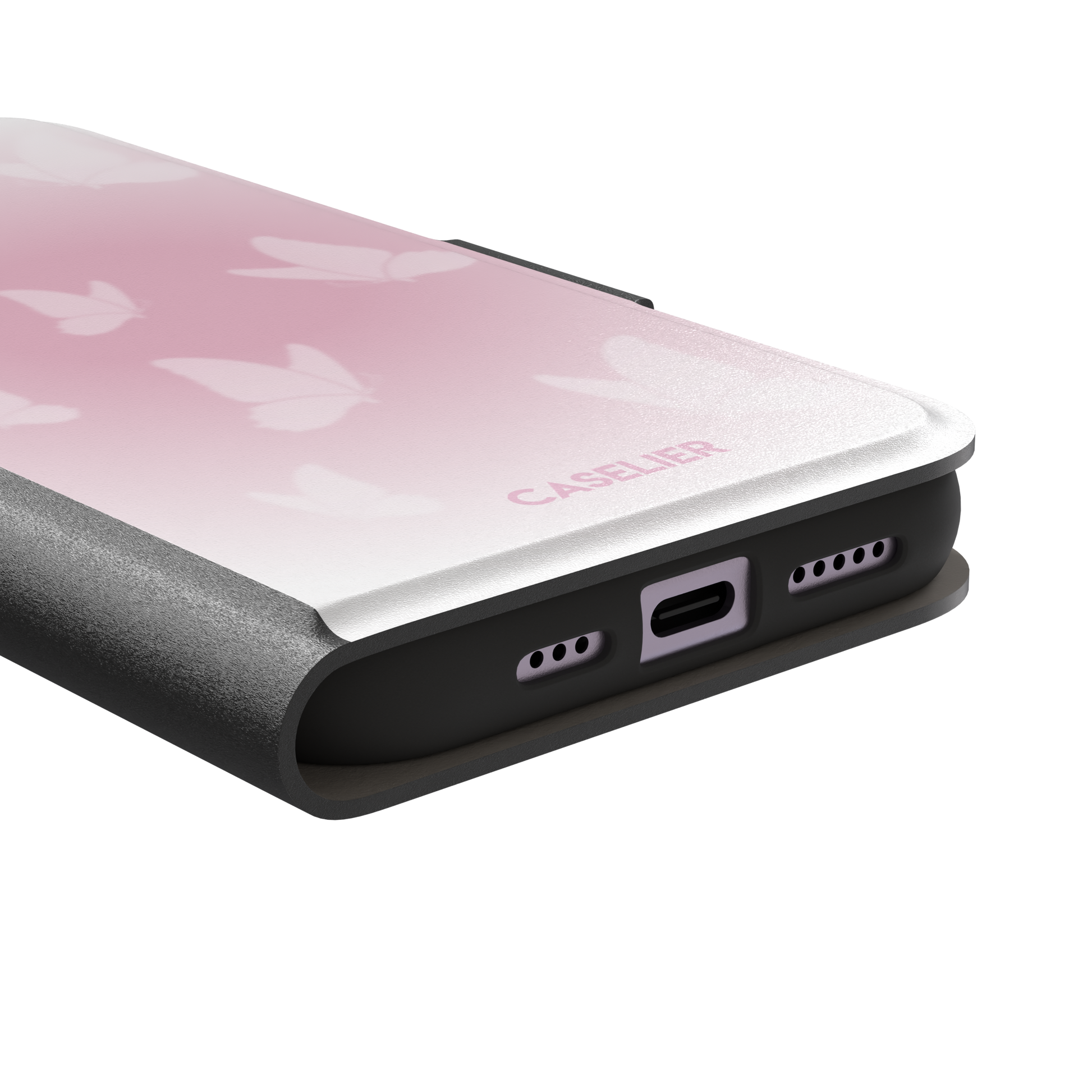 Butterflies phone case with soft pink gradient and scattered white butterfly silhouettes in a coquette style, phone case by Caselier — wallet case, charging port detail