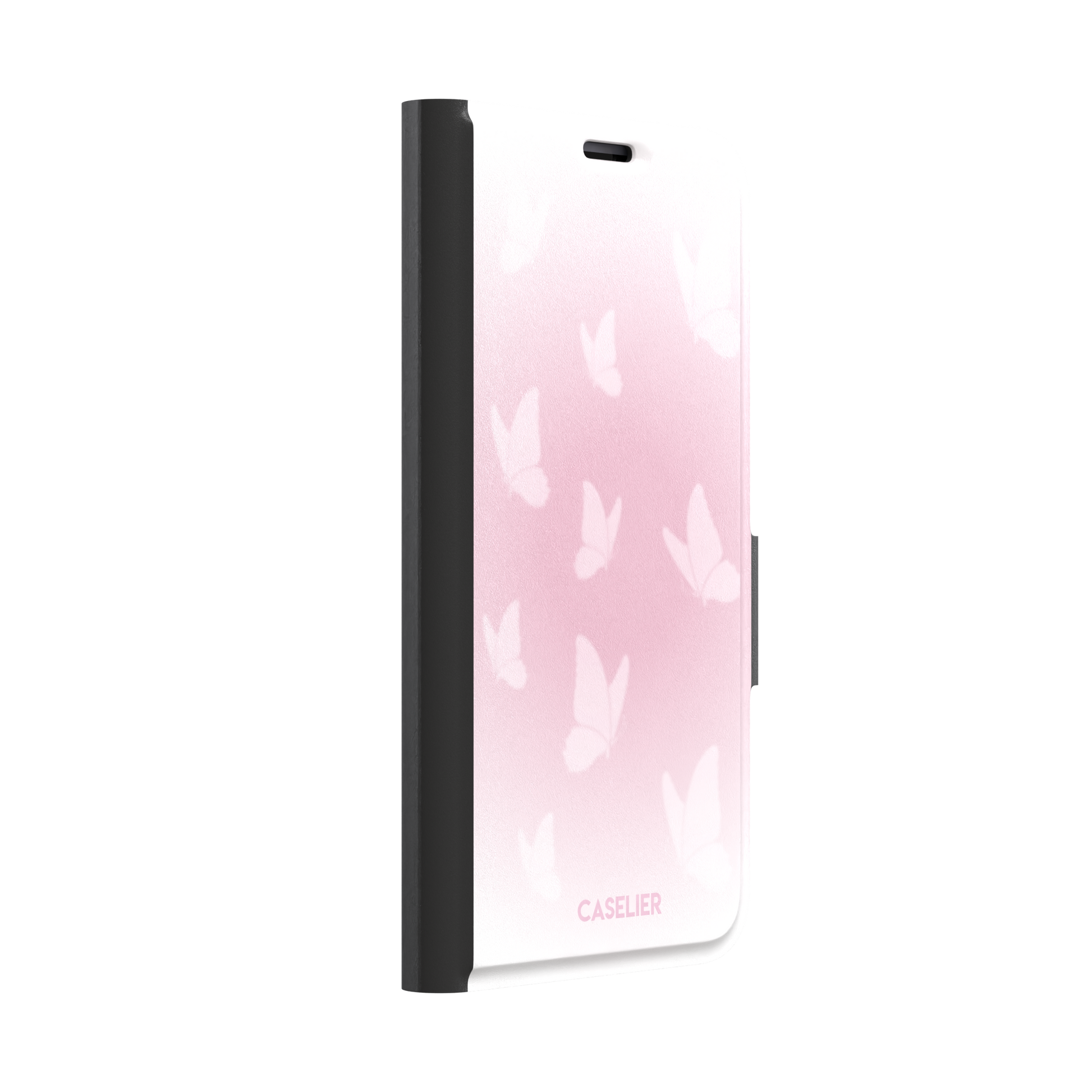 Butterflies phone case with soft pink gradient and scattered white butterfly silhouettes in a coquette style, phone case by Caselier — wallet case, left view