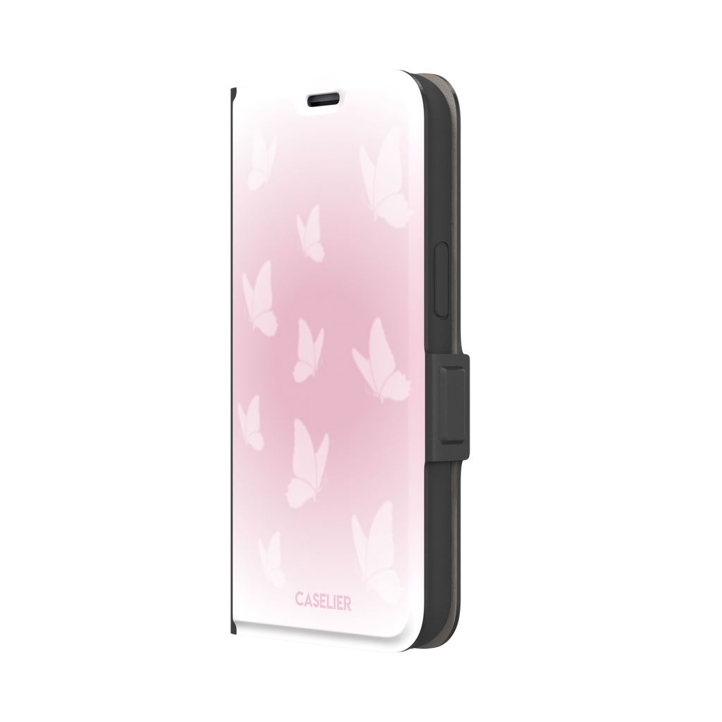 Butterflies phone case with soft pink gradient and scattered white butterfly silhouettes in a coquette style, phone case by Caselier — wallet case, right view