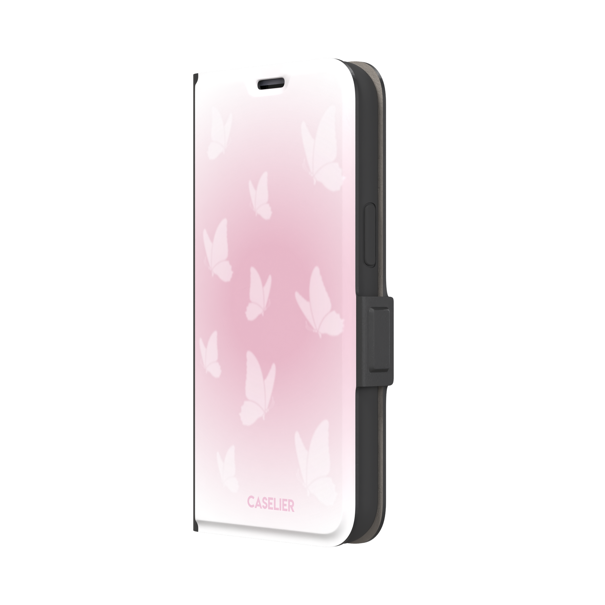 Butterflies phone case with soft pink gradient and scattered white butterfly silhouettes in a coquette style, phone case by Caselier — wallet case, right view